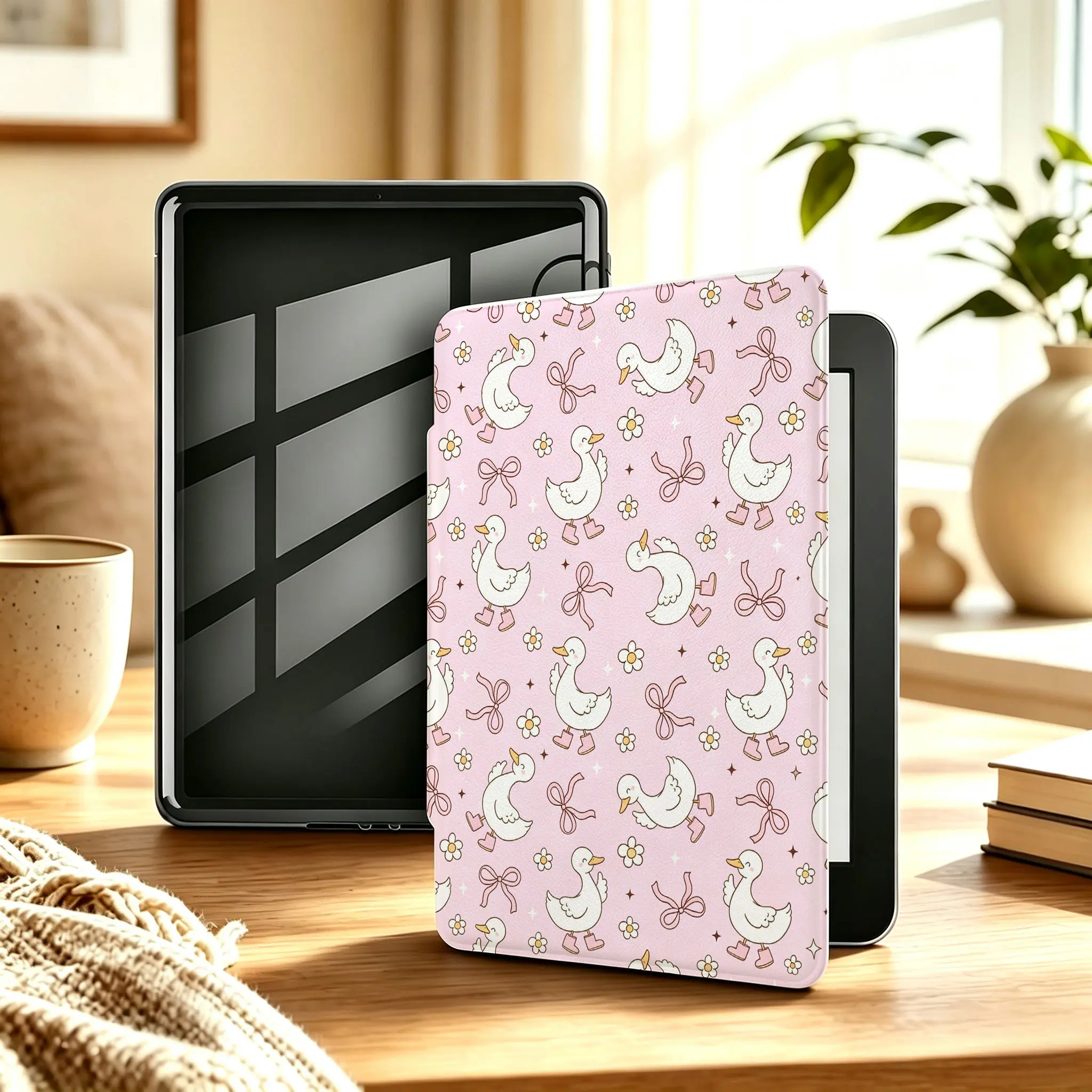 Cute Duck Bow PU+TPU Kindle Case for Book Lovers, Light Pink Flip Cover with Auto Sleep-Wake, Protective Scratch-Resistant Drop Guard, Multi-Sizes for 6-in, 6.8-in, 7-in E-Reader Accessories clear back shell