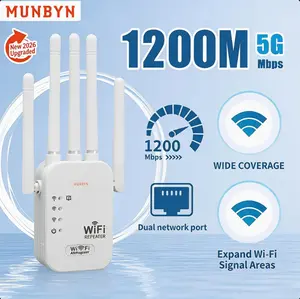 MUNBYN WiFi Extender 2026, 1200Mbps Dual Band Signal Booster (5GHz/2.4GHz) Covers Up to 10,000 sq. ft & Connects 50 Devices | Repeater with Ethernet Port for Home Use