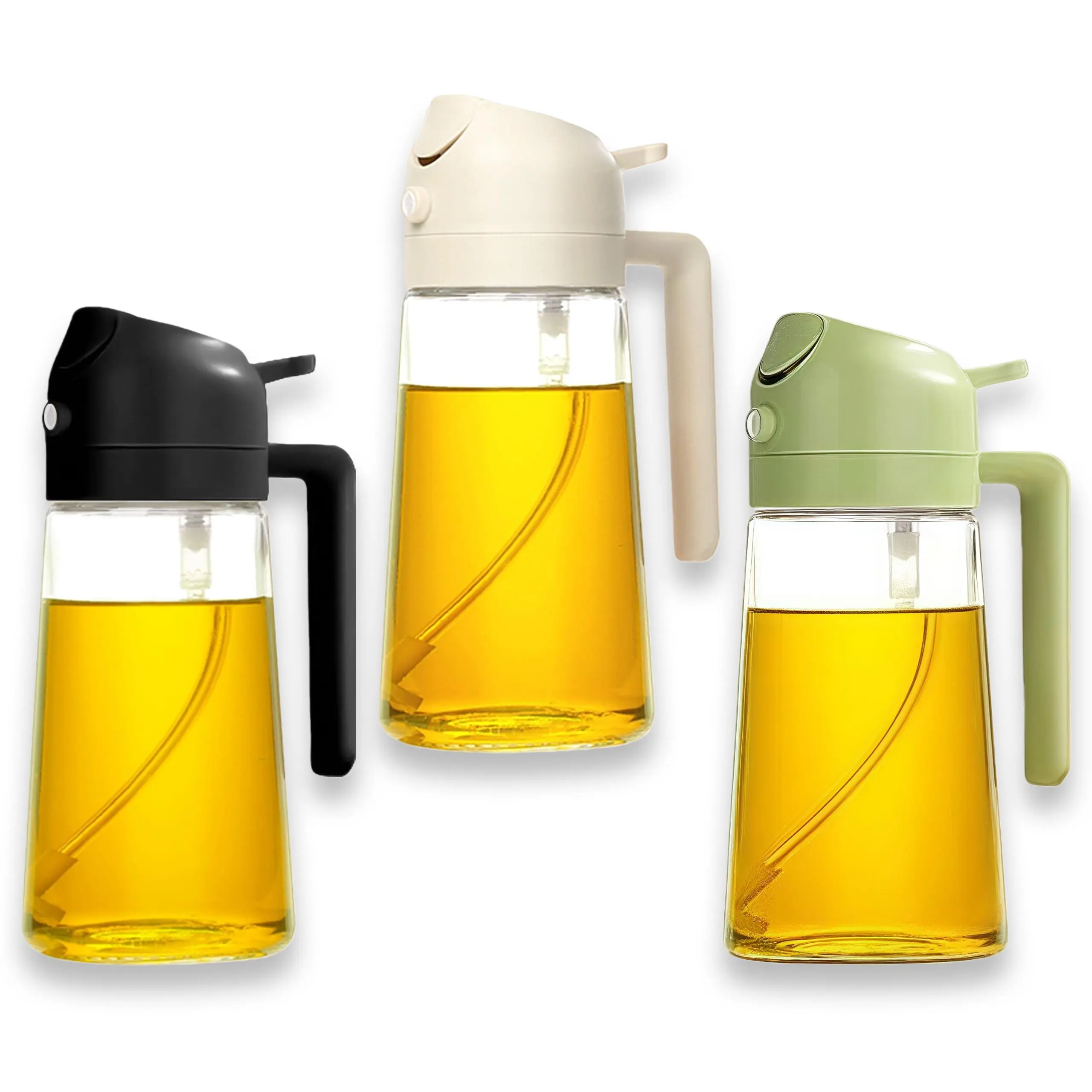 Cooking Oil Sprayer Mister Set of 3 Glass Body 2-in-1 Dispensers (470ml/16oz) - Black, Green, White Bottles for Air Fryer, Salad - Kitchen Essential Spray Bottle for Olive Oil Cooking