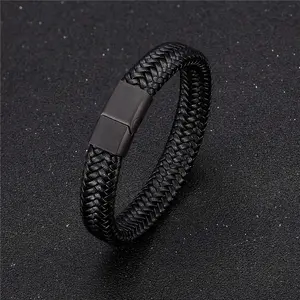 Punk Style Leather Bracelet for Men Black Braided Woven Bangle with Magnetic Clasp Stainless Steel Jewelry Gift for Him
