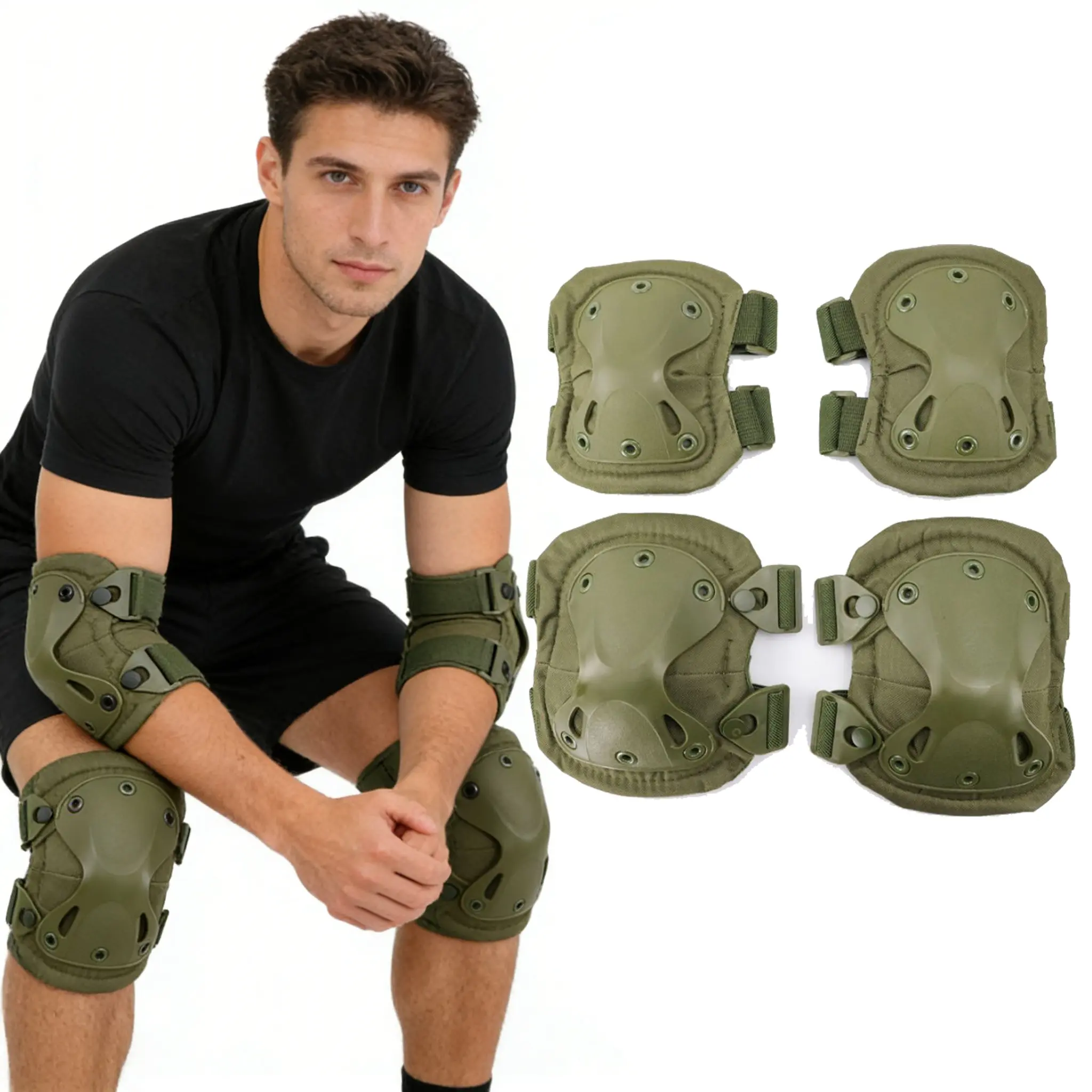Combat Knee & Elbow Pads Set for Outdoor CS Paintball Games, Safety Protective Gear Package Knee Elbow Protector for Cycling Skateboarding Skating, Impact Resistant Knee Elbow Guards for Outdoor Sports & Action Activities, Sports Knee Brace