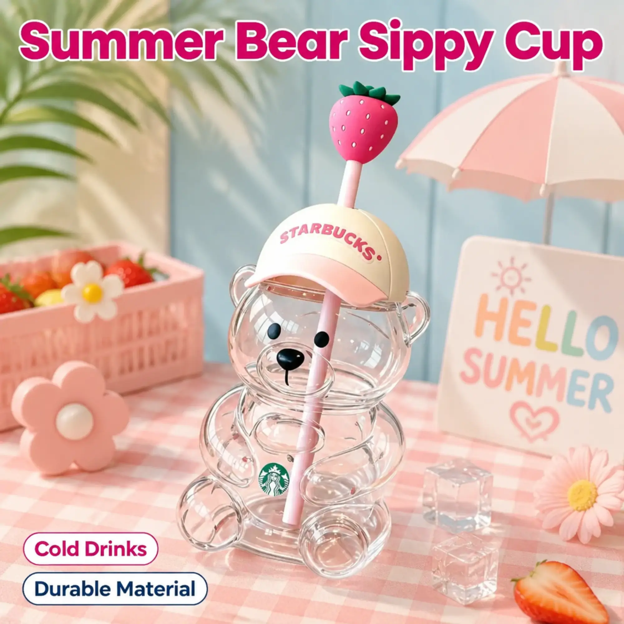 New 20oz Starbucks x KBO Strawberry Bear Glass Tumbler – Cute Bear Cup with Straw Lid, Reusable Drinkware for Coffee