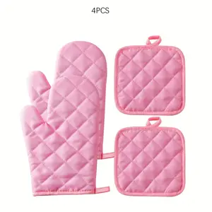 Pink Oven Gloves And Insulation Pad Double-Sided Quilted Diamond Grid Washable Kitchen Baking Cooking Insulation Gloves Anti Scald Pad Dining Mat Microwave Oven Gloves Insulation Pad Set  4pcs