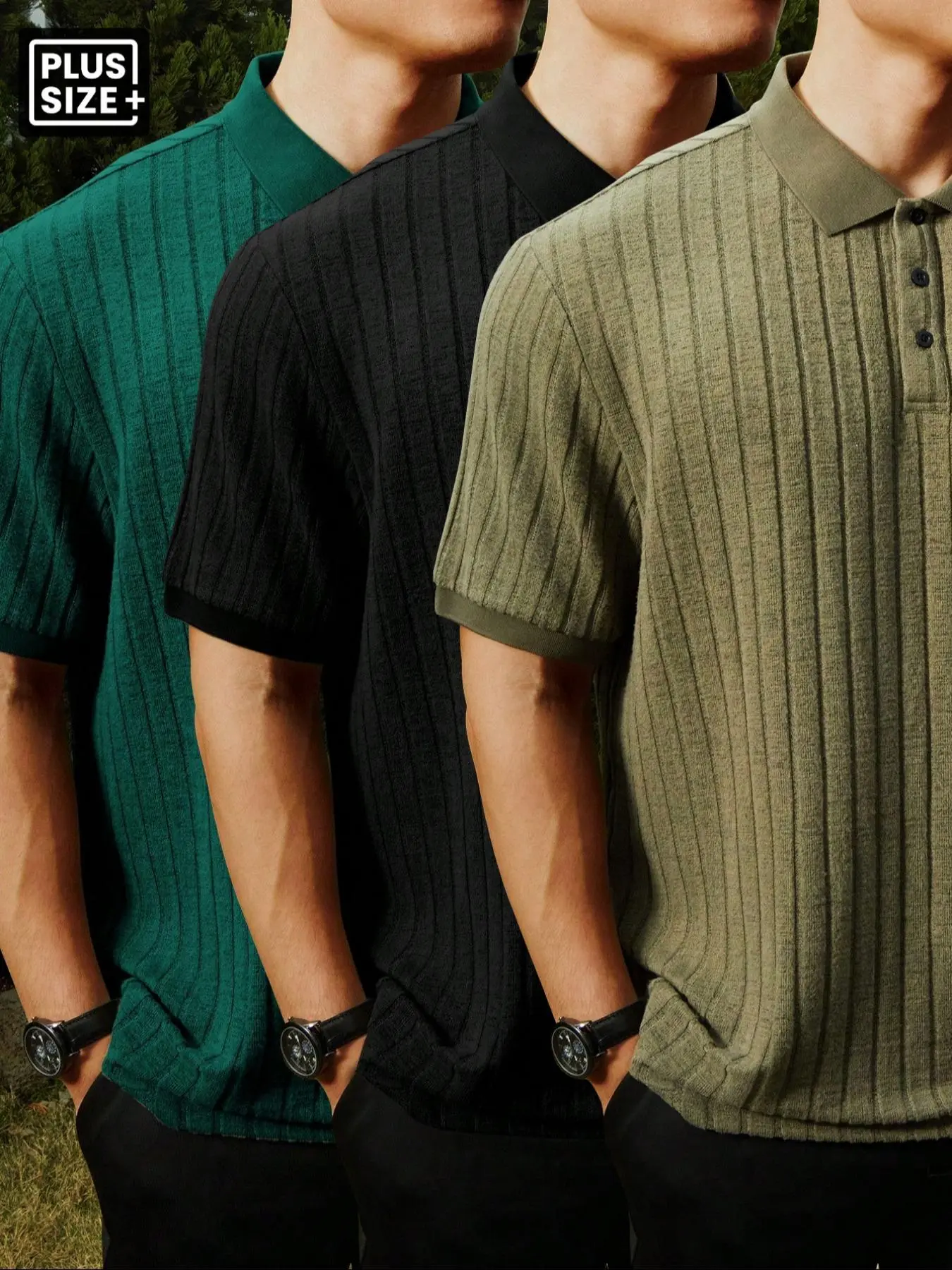 【Plus Size】 Solid Ribbed Plain Knitted Polo Shirt, Casual Polo Shirts, Regular Fit Casual Short Sleeve Collared Top for Summer, Men's Clothes for Daily Wear, Tropical, Polo Shirt Set