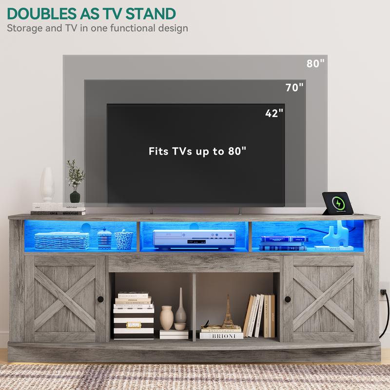 DWVO Farmhouse TV Stand for TVS up to 80 Inch, Entertainment Center with Power Outlet, TV Table with Barn Doors & Storage Cabinets, TV Console for Living Room, 70" Rustic Grey