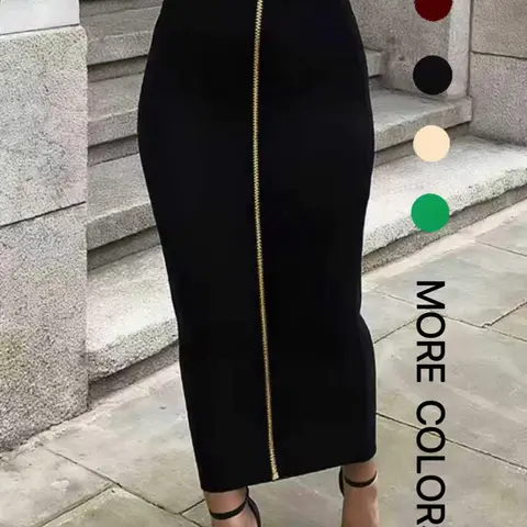 Women's High-Waisted Bodycon Long Skirt with Metal Zipper, Slim-Fitting Elegant Chic Minimalist Office Wear, Plain Womenswear for All Seasons, Elegant Fashion Skirt