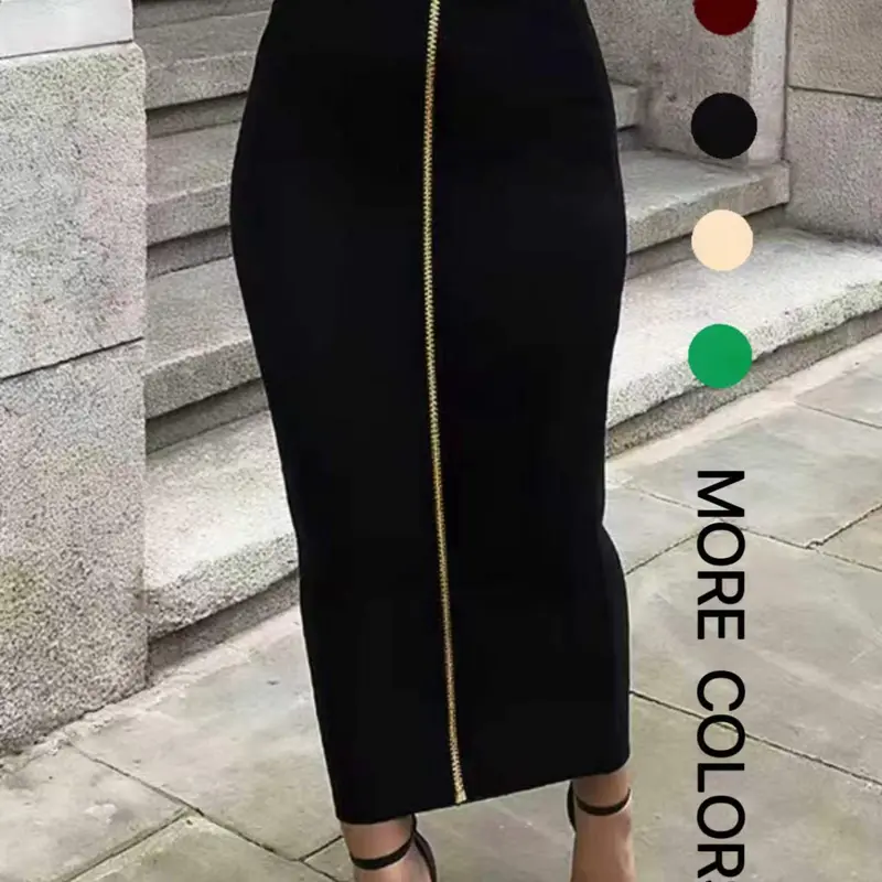 Women's High-Waisted Bodycon Long Skirt with Metal Zipper, Slim-Fitting Elegant Chic Minimalist Office Wear, Plain Womenswear for All Seasons, Elegant Fashion Skirt