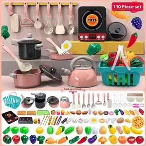 110Pcs Kids Kitchen Toy Accessories Toddler Pretend BBQ Camping Cooking Playset Play Pots Pans Utensils Cookware Toys Play Food Set Vegetables Learning Gift for Girls Boys Safe Sturdy ABS Material