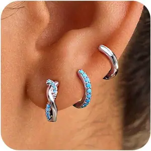 3 Pairs Mini Hoop Earrings Set Turquoise Cubic Zirconia Huggie Hoop Cartilage Earring Ear Cuff for Women (Turquoise/CZ)