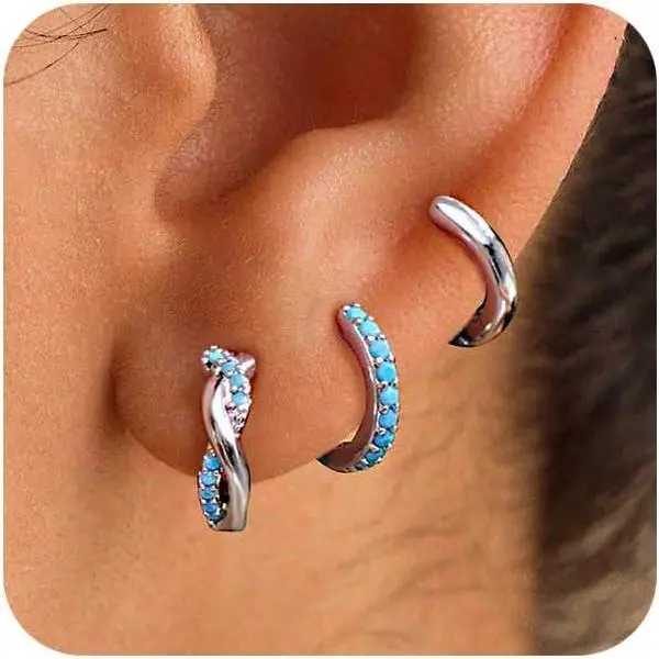 3 Pairs Mini Hoop Earrings Set Turquoise Cubic Zirconia Huggie Hoop Cartilage Earring Ear Cuff for Women (Turquoise/CZ)