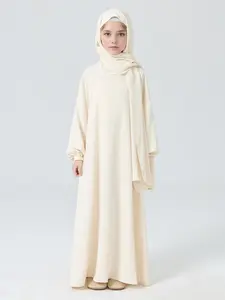 Girls' Plain Loose Fit Abaya Dress with Headscarf, Casual Long Robe for All Seasons, Middle Eastern Muslim Fashion