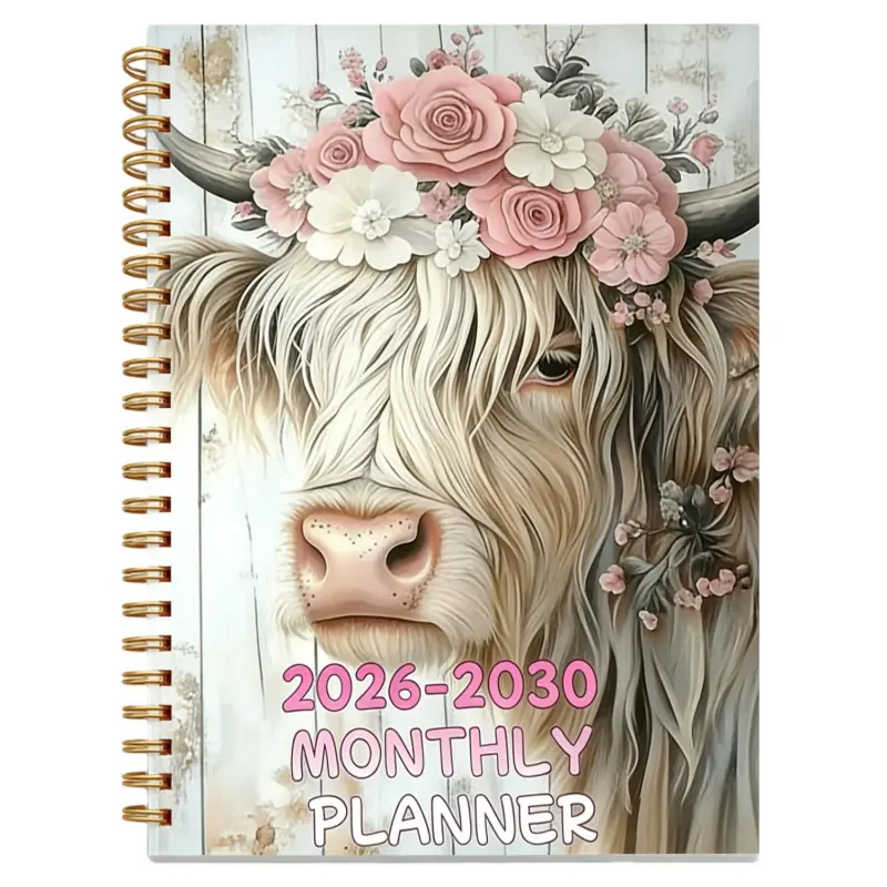 2026-2030 Monthly Calendar - From January 2026 to December 2030, 5-Year Monthly Calendar, Floral Cow Theme Cover Design, Annual Calendar Planner, Month Labels, 60-Month Calendar, 5.5 inches x 8.3 inches, Spiral Bound Planner