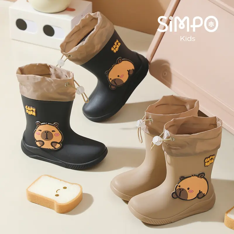 Capybara Rubber Boots For Kids Anti-Slip Youngsters's Mid-Calf Rain Boots With Elastic Band Boy and Girl Comfortable Rain Shoes