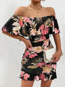 Plants Print Off Shoulder Ruffle Ruched Bodycon Dress | Sexy Beach Vacation Outfits for Women