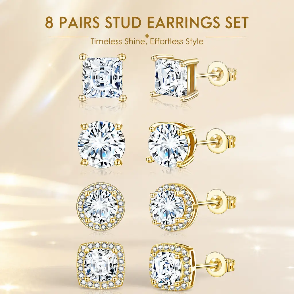 [Limited Stock] Cubic Zirconia Stud Earrings 4-Pair Set, 14K Gold Plated Hypoallergenic Earrings, Gold & Silver Tone CZ Studs, Minimalist Jewelry Gift for Women