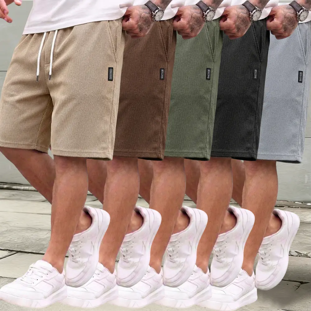 Pack of 5 men’s summer corduroy casual shorts, American street athletic mid-length shorts, lightweight breathable casual pants, soft drapey wrinkle-resistant fabric, essential for home workouts, suitable for running, fitness, and everyday commuting outfit