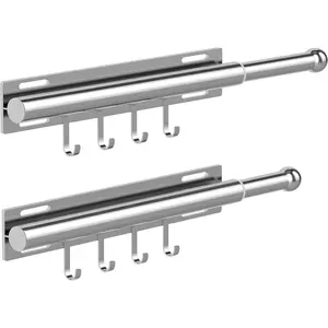 2 Pack Valet Rod for Closet Retractable with 4 Hooks, 13.4"-23.2" Pull Out Clothes Rail, Heavy Duty Alloy Steel Side Mount Wardrobe Bar, Adjustable Organizer for Laundry, Bathroom, Entrance (Nickel)