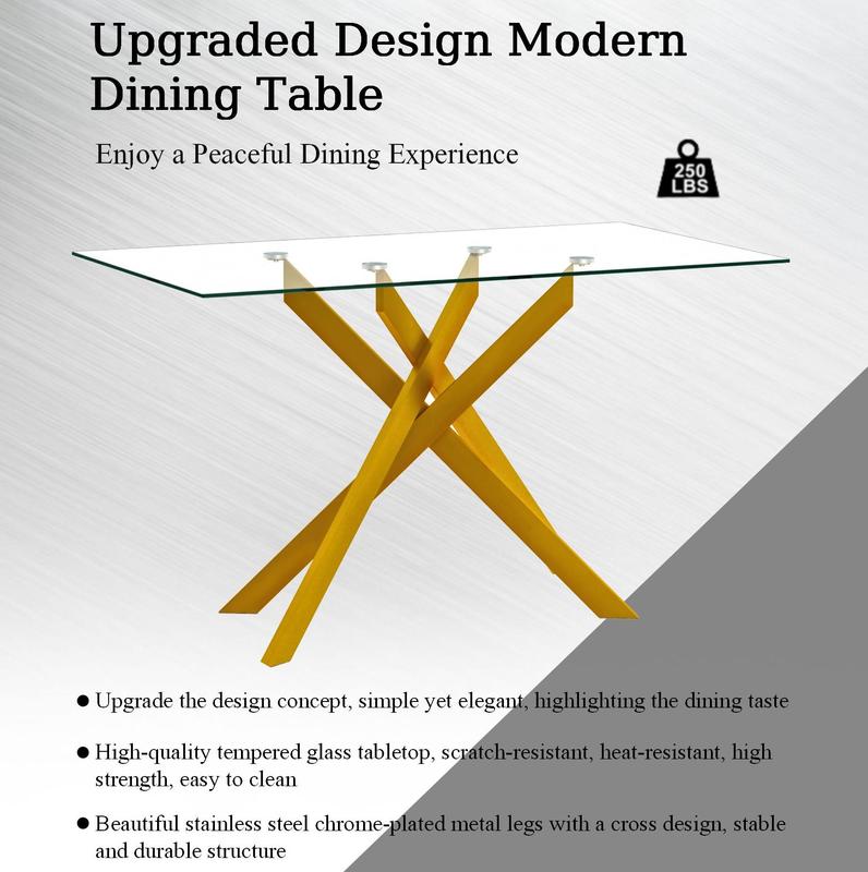 51.18" Rectangular Tempered Glass Dining Table with Gold Metal Legs Modern Kitchen Table for Dining Room Easy Assembly 8mm Thick Glass 250lbs Capacity