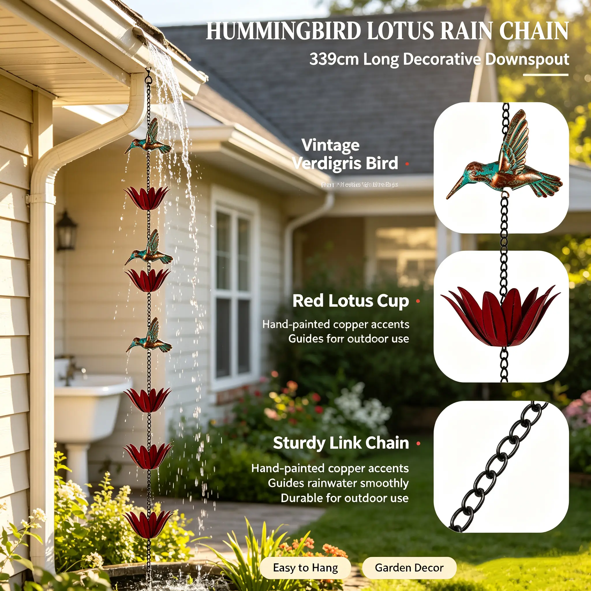 Hand-Painted Hummingbird Lotus Rain Chain with Lotus Cups, 339cm Vintage Metal Gutter Downspout, Outdoor Garden Yard Rainwater Catcher Decor Gift