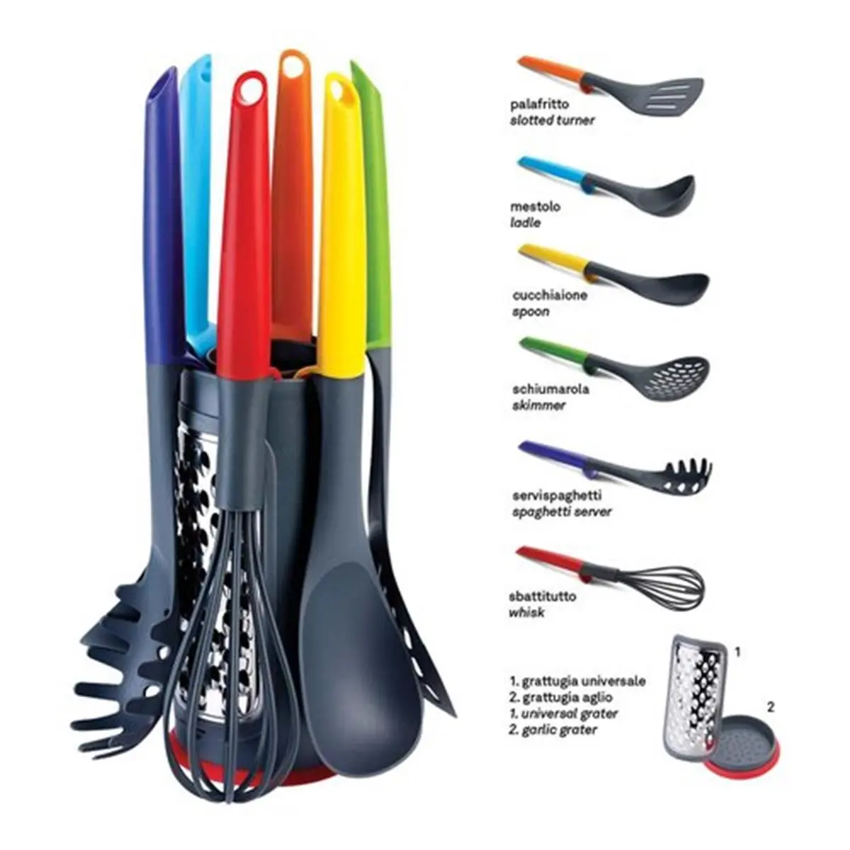 Ghidini V366 Kitchen Nylon Utensils Set with Grating Stand - Set of 6, Includes Spoon and Other Essential Cooking Tools