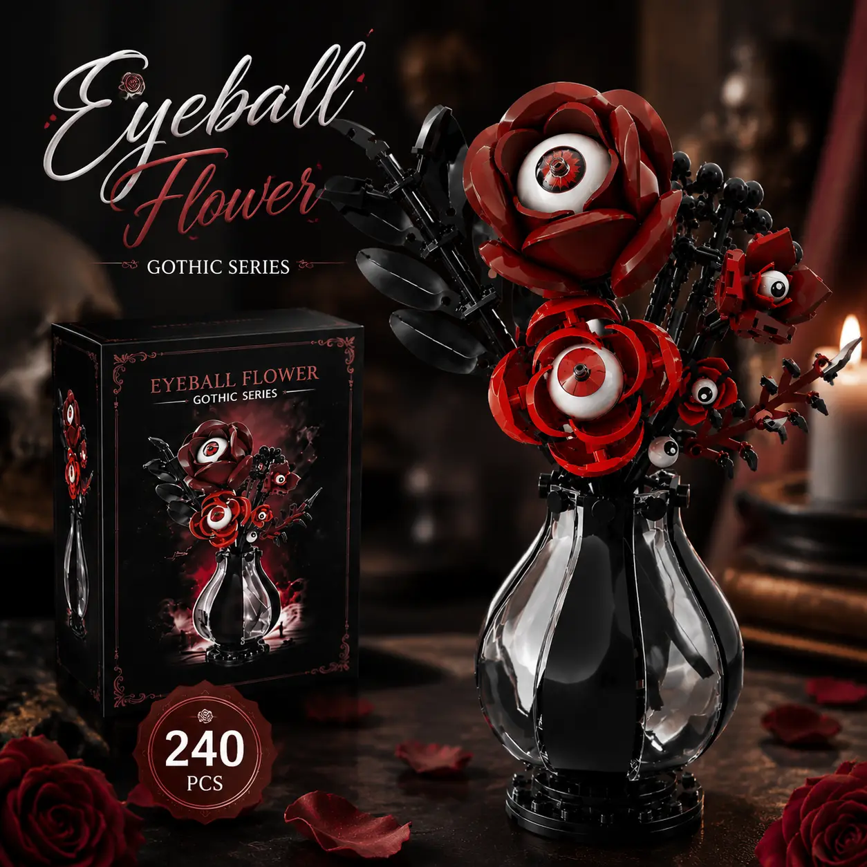 Gothic Eyeball Flower Building Set with Vase, Creepy Gothic Rose Bouquet, Dark Aesthetic Decor, Horror Desk Decor, Halloween Decoration, Brick Flower Kit, Gothic Room Decor, Unique Gift for Goth Girls, Horror Fans, brick building sets,halloween decor