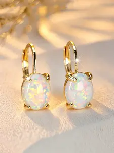 Cute Oval Synthetic Opal Hoop Earrings for Women & Girls Delicate Jewelry Elegant Minimalist Earrings Perfect for Engagement Weddings, Daily Wear Anniversary Gift