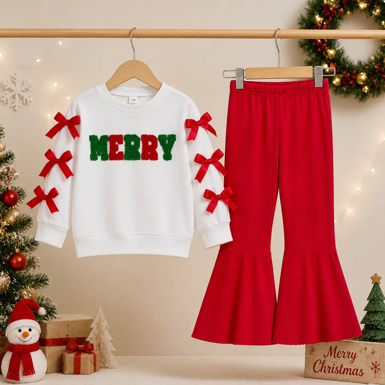 Kid Girls Pants Set, Embroidery Letters Sweatshirt with Flare Pants Christmas Outfit