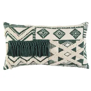 HomeRoots 403451 Ivory & Green Geometric Boho Chic Lumbar Pillow