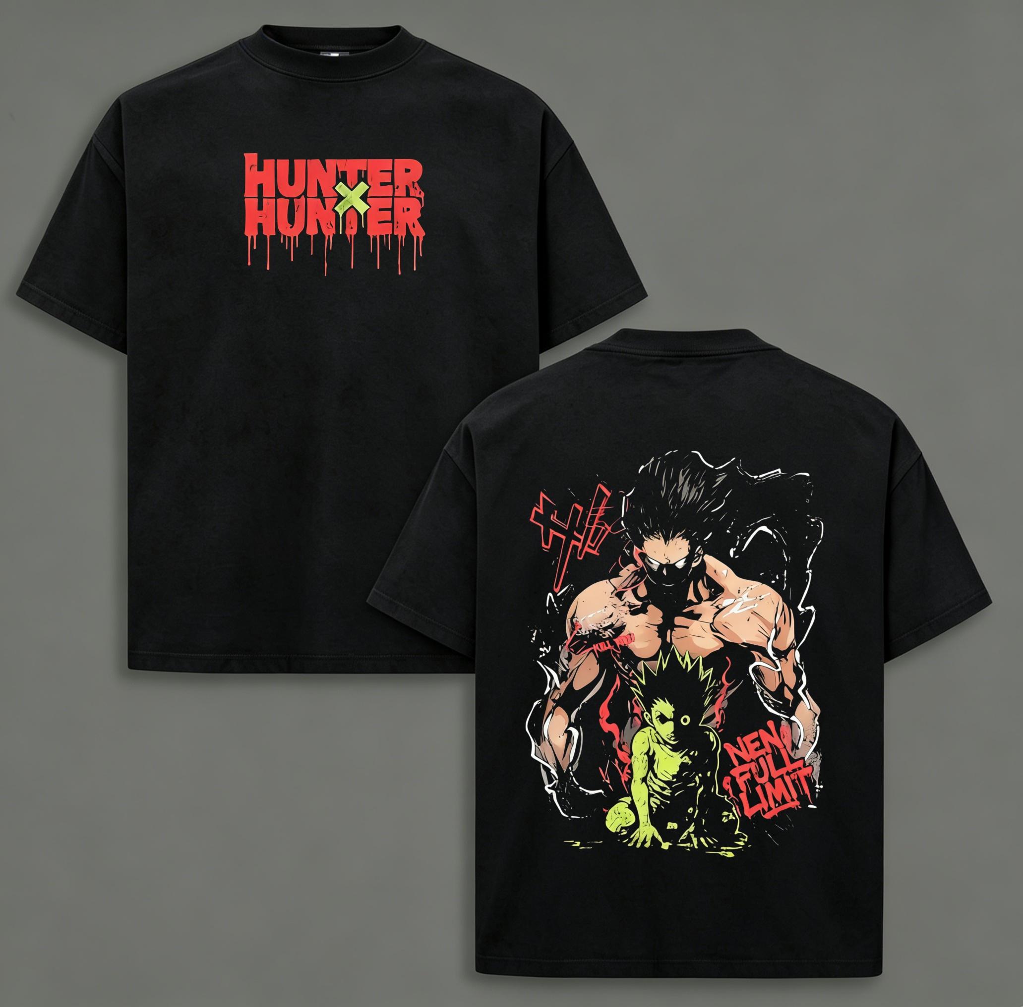 Hunter X Hunter Gon Freecss Adult Transformation Vintage Acid Wash Oversized T-Shirt Front Drip Red Hunter X Hunter Logo Back Nen Full Limit Gon Graphic Distressed Black Unisex Cotton Crewneck Anime Tee Gift For HxH Manga Fans Casual Street Outfit