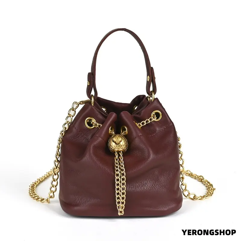 Vintage Vegetable Tanned Leather Bucket Bag, Mini First Layer Cowhide Crossbody Purse, Gold Chain Drawstring Design, Retro Style Shoulder & Handbag for Women, Versatile for Daily & Party Use large capacity adjustable strap