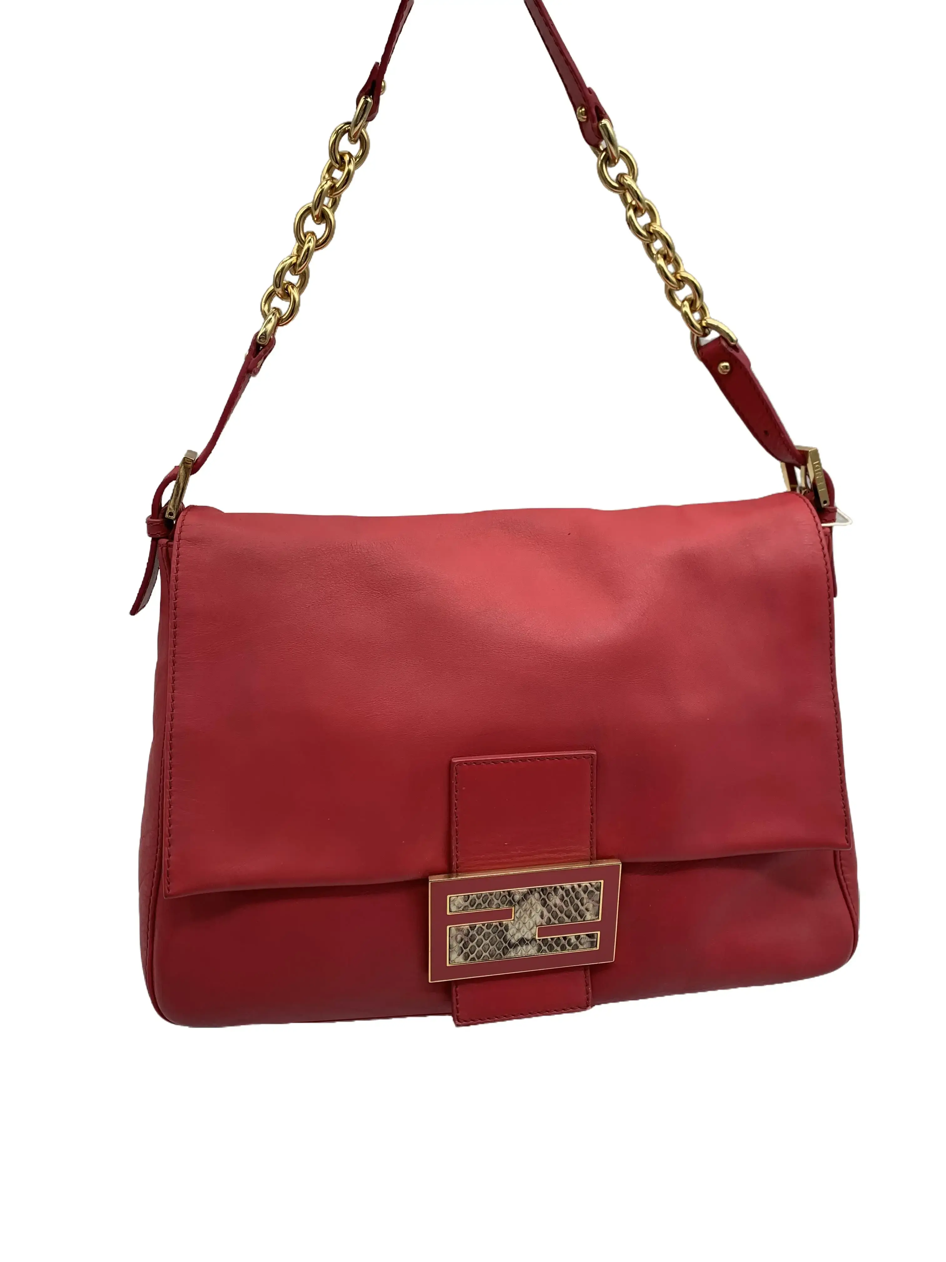 Pre-owned FENDI Red Leather Baguette Chain Shoulder Bag/WJ07213838/3838