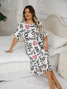 Plus Size Heart & Letter Print Ruffle Trim Nightdress, Casual Soft Comfortable Round Neck Short Sleeve Nightgown for Women, Women's Sleepwear for All Seasons, House Gowns, Lounge Dress