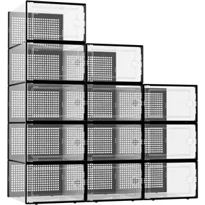 Kuject XX-Large Shoe Storage Boxes Organizers Clear Plastic Stackable 12 Pack, Shoe Rack & Holder Substitute, Sneaker Containers, Toy Storage Organizer Bins for Entryway, Closet, Under Bed, Black