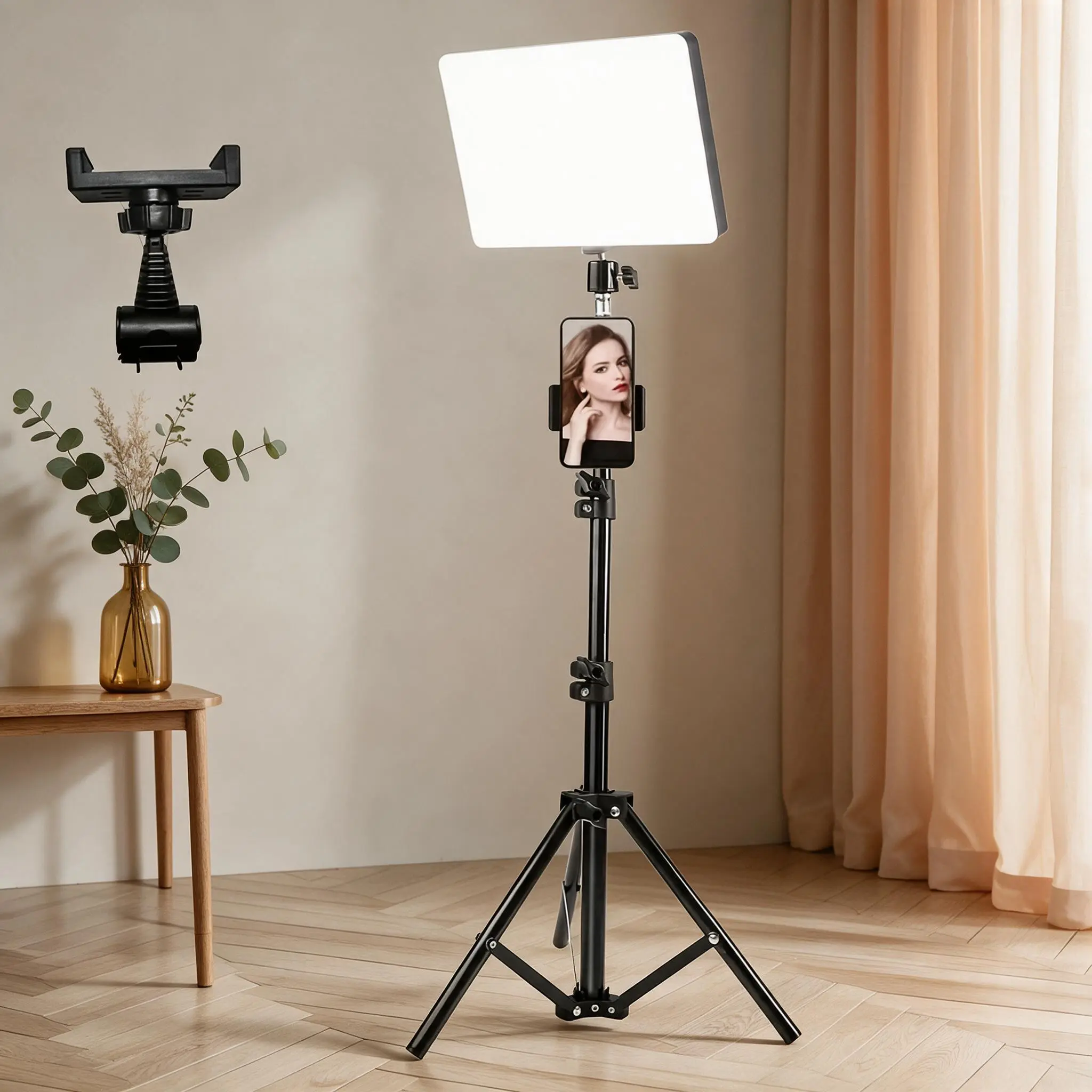 Square LED Dimmable Video Studio Light Kit, 10", USB‑Powered Panel Lamp with Retractable Tripod Stand, Universal Phone Bracket, 1/4" Ball‑Head Accessory for Small Home Studio Product & Portrait Shoots
