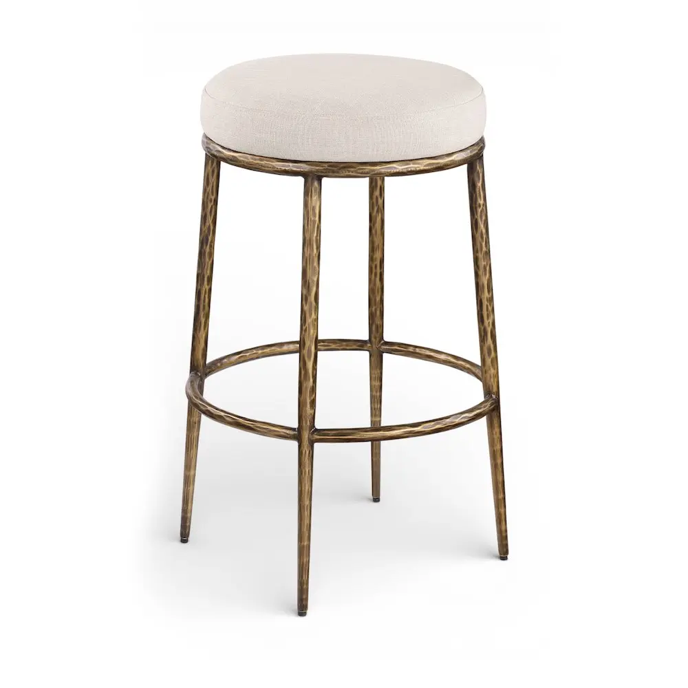 Ferro Beige Performance Fabric Upholstered Single-Person Bar Stool with Antique Finish, Round Seat