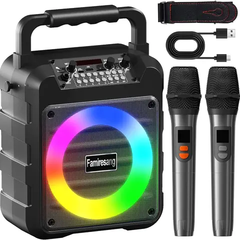 Portable Karaoke Machine for Adults with 2 Wireless Mics - Bluetooth Stereo PA Speaker System, Rechargeable Karaoke Box with Bass-Treble Control, Amplifier, LED Light, USB/TF/AUX Connections for Party & Home Entertainment