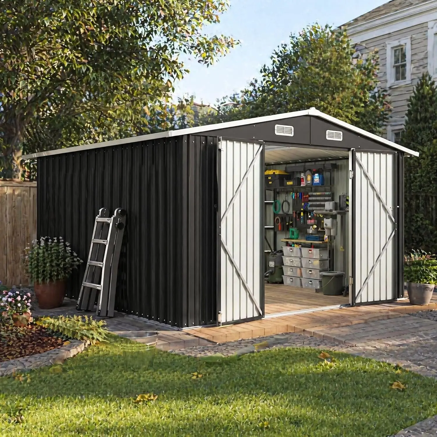 Aoxun Outdoor Metal Storage Shed, Weatherproof Garden Tool Shed with Lockable Door and Sloped Roof, Utility Storage Shed for Backyard, Patio and Lawn, Astronaut Nebula Star Design