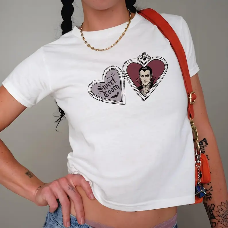 Vampire Halloween Shirt Women Baby, Sweet Tooth Dracula Locket Tee, Spooky Season Graphic Shirt, Cute Gothic Clothes for Girls, Gift for Her