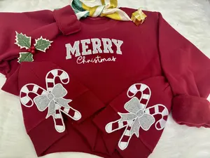 MerryChristmas Embroidered Bow Sweatshirt, Side Bow Appliqué Holiday Sweatshirt, DIY Stylish Coquette Bow, Side Bow Appliqué Christmas Sweatshirt.