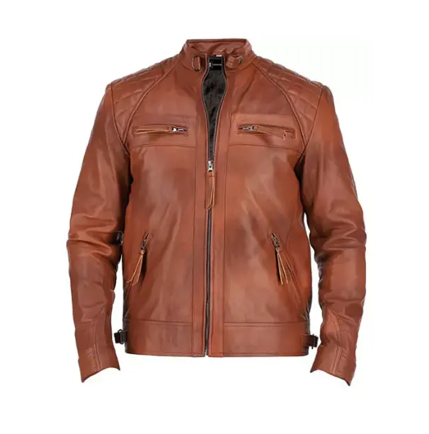 Men's Vintage Leather Coats, Distressed Café Racer Motorcycle Jacket with Longsleeves and Zipper Pockets, Casual Moto Style