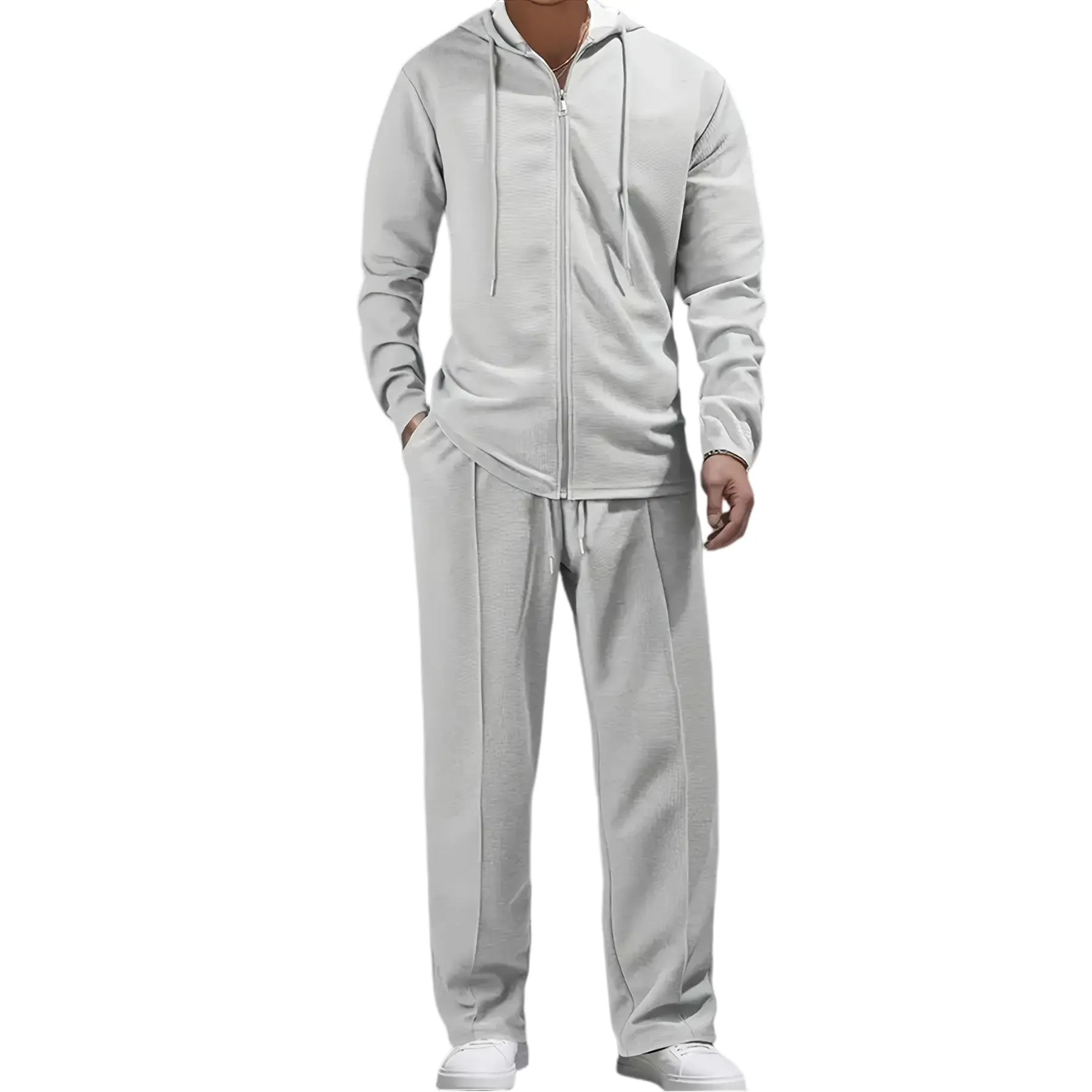 Male 2-Piece Casual Sportswear Set - Waffle Knit Texture Polyester Zip Hoodie & Lightweight Drawstring Elastic Waist Long Pants, Breathable for Running