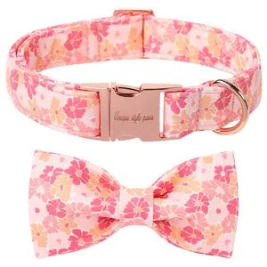 Unique Style Paws Spring Flower Dog Collar with Bow, Adjustable & Soft Cotton Puppy Accessory for Small Medium Large Girl Boy Dog Breeds
