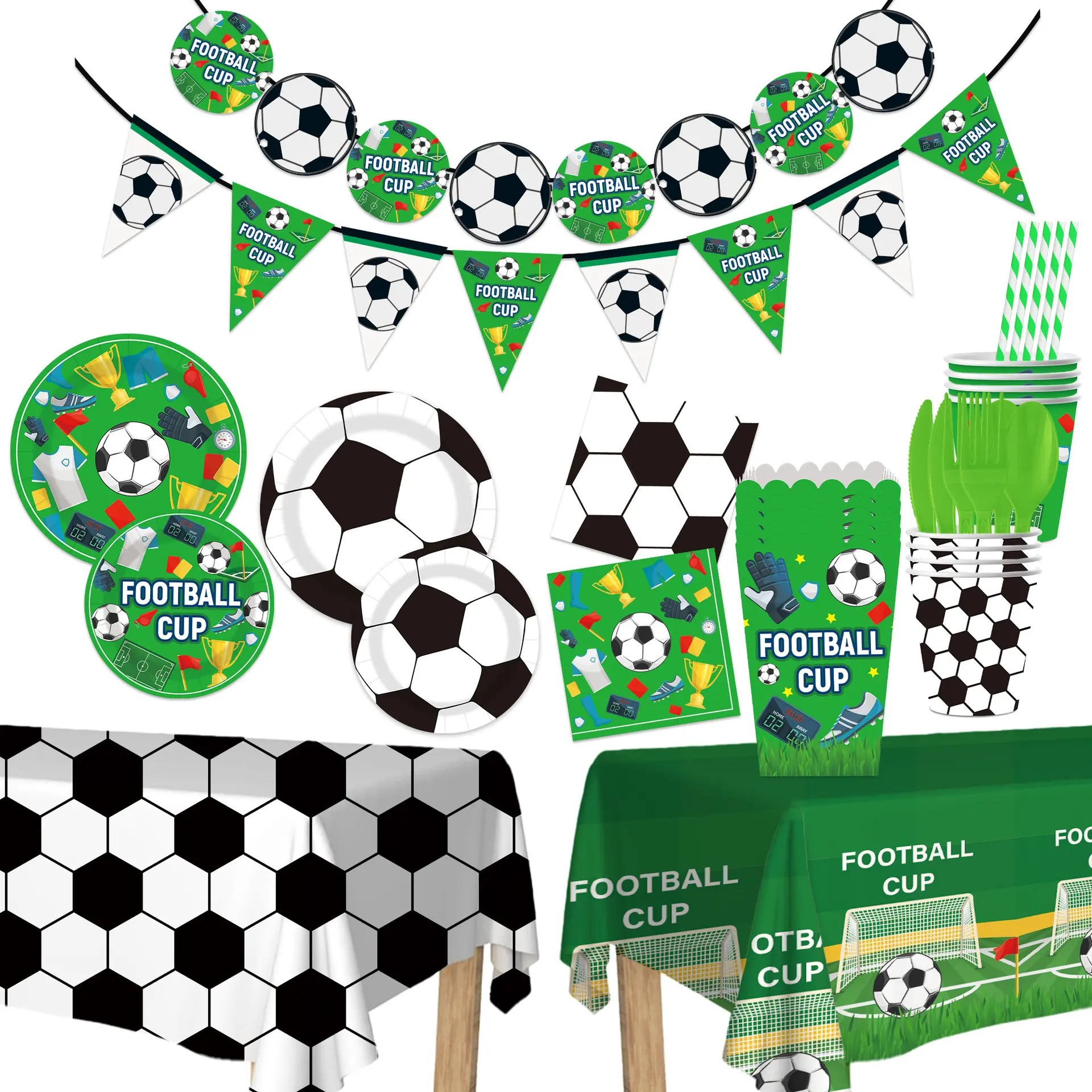 Football Theme Disposable Tableware Set - 11-Piece Party Supplies Kit, 9in Paper Tray (10pcs/pack), Pull Flag (1pcs), 137*274cm Tablecloth (1pcs), Multi-Size Plates, Napkins, Cups for Home Party Decoration Gifts, Football Theme Set A [11-Piece Set]