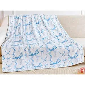 Blue Bow Throw Blanket for her, Bow Blanket Gift, Preppy Blanket Coquette Flannel Soft Cute Bow Stuff Lightweight Aesthetic Plush Preppy Room Decor for Sofa Couch Travel Bed home