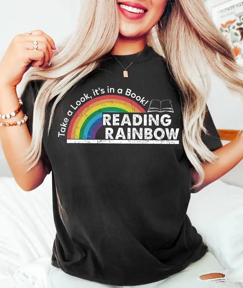 Women's Retro Rainbow Shirt, Trendy Short Sleeve T-Shirt, Reading Shirt for Librarian or Teacher Appreciation, Book Lover Gift Top