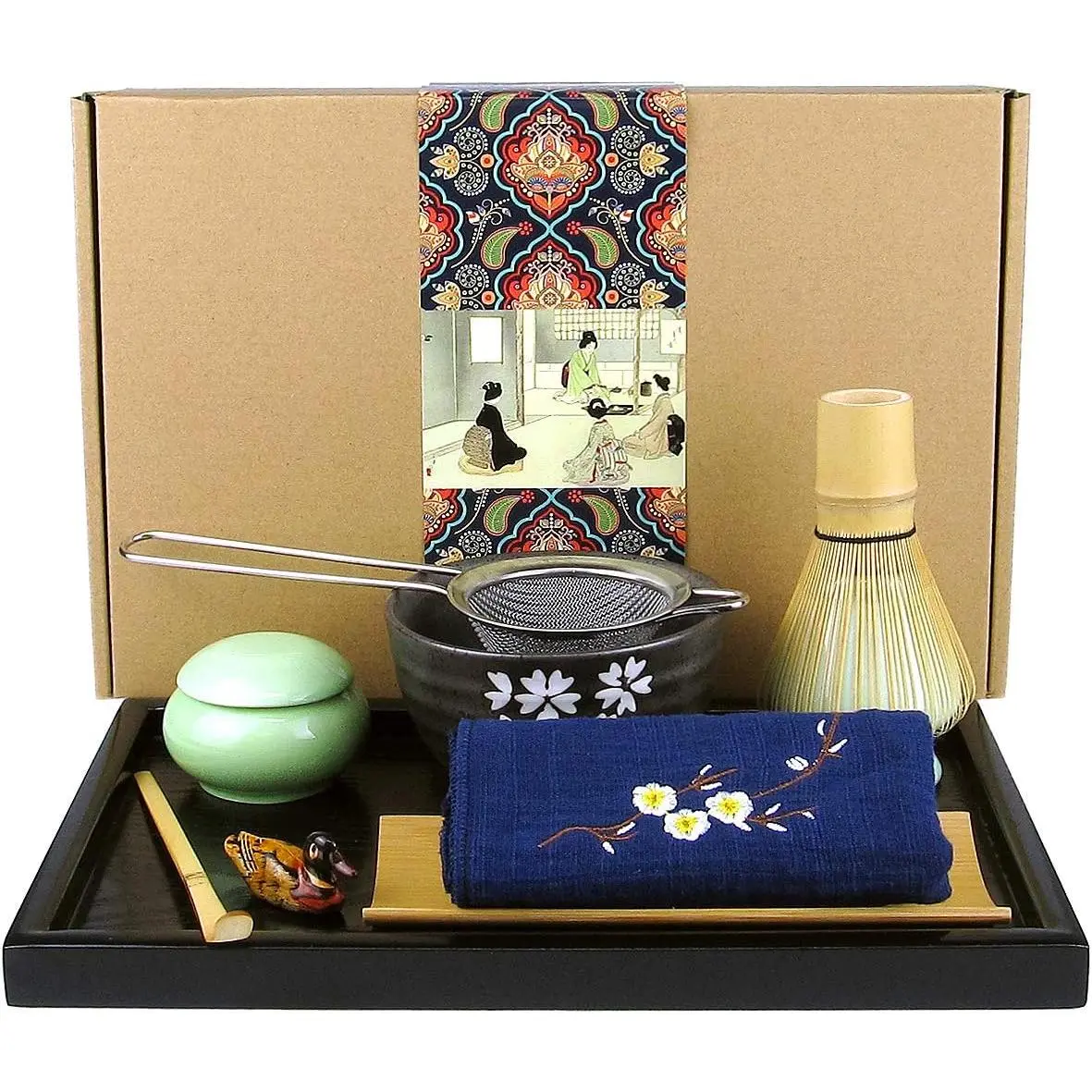 Matcha Tea Set, Matcha Whisk, Traditional Scoop, Matcha Bowl, Black Bamboo Tray, Ceramic Whisk Holder, Matcha Caddy, Handmade Matcha Ceremony Kit For  Tea Ceremony (10Pcs)