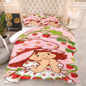 Sweet Strawberry Shortcake Cartoon Printed Bedding Set, Girlish Pink Decorations, Soft And Warm Bedding Set, Includes 1 Quilt And 1 Or 2 Pillowcases Without Pillowcases,  Bedroom Decoration Gift For Family And Friends