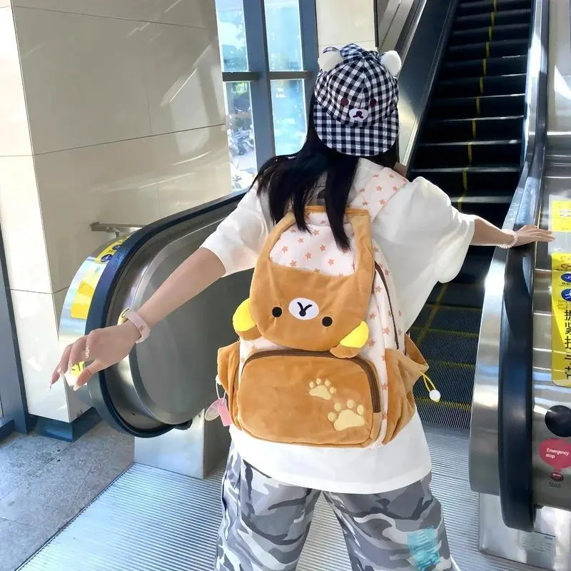 Kawaii Rilakkuma Cartoon Plush Backpack Cute Bear Younger Sister Large Capacity Student Schoolbag Lovely  Birthday Present gift