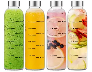 Glass Water Bottles with Lids 17 oz, Clear Juice Bottles With Stainless Steel Cap, Reusable Glass Drinking Bottle for Juicing, Refrigerator,100% Leak Proof, BPA Free