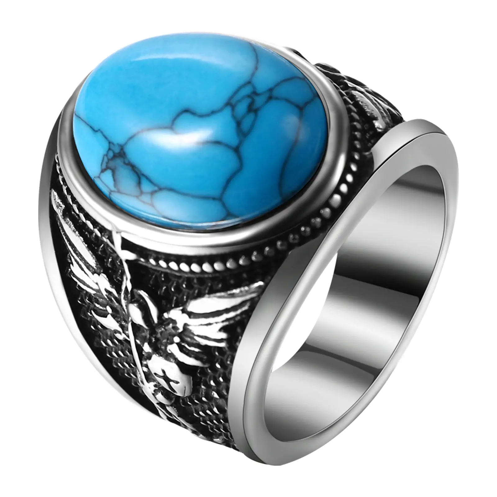 OIDEA Men's Saint Michael Archangel Medallion Ring - Stainless Steel Religious Motif Ring, Catholic Faith Jewelry with Oval Turquoise, Tiger Eye, Obsidian, Metal Coating, Men's Accessories, Mens Gifts, Male Guardian Shield Amulet Accessory,summerwins